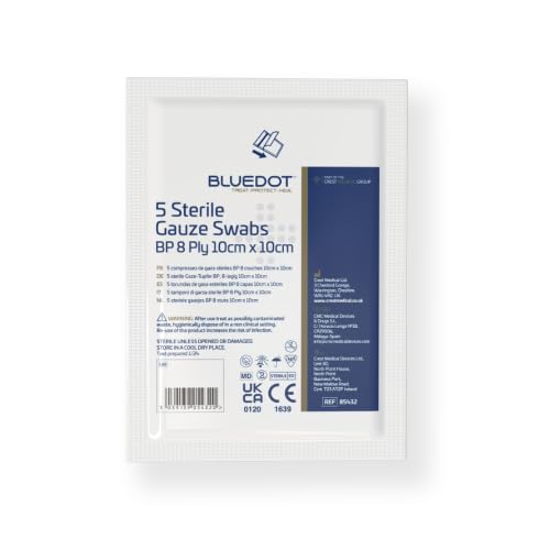Hisopos de gasa estériles de 10 cm x 10 cm (5 unidades), envueltos individualmente para el cuidado de heridas y primeros auxilios en el hogar
