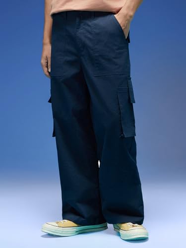 Image of Veirdo Baggy Fit with Button Closure Solid Lycra Woven Cargo Pants for Men (Colors: Beige, Black, Brown, Grey, Navy & Olive)