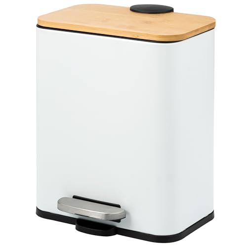 bremermann Pattumiera per cosmetici, a pedale, capacità 5 litri, con coperchio in bambù Soft-Close, per bagno, cucina, ufficio con secchio interno in plastica, in bambù e metallo (bianco)