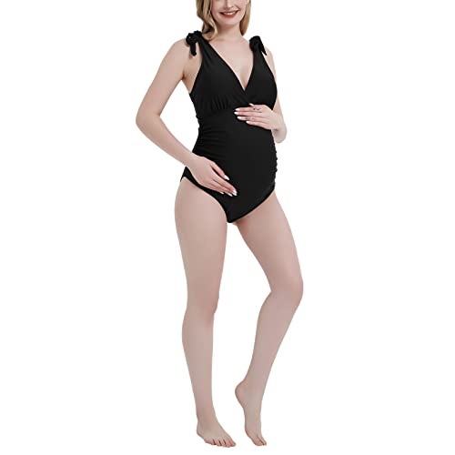 Debelly Maternity Halter Swimsuit One Piece Spaghetti Straps Pregnancy Women Swimwear Plunging V Neck Bathing Suit Tie Shoulder Side Pleated,Black,Xl #TOP3