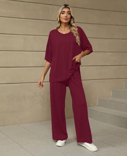 Image of KevaMolly 2 Piece Lounge Set for Women Postpartum Oversized Tops and Wide Leg Pants Soft Comfy Pajamas Set 2 Piece Outfits