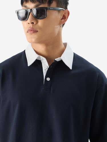 Image of The Souled Store Solid: Navy Blue Men and Boys Short Sleeves Collared Neck Cotton Oversized Polos