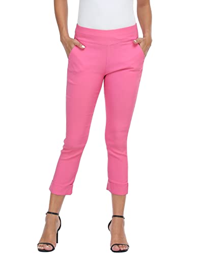 Image of HDE Pull On Capri Pant for Women w /Pockets Elastic Waist Cropped Work Pant | Comfortable Pull On Waist, Tailored Fit with Cuff, Stretchy Summer Office Pants, 24.25 inch Inseam, Professional Dress Capris