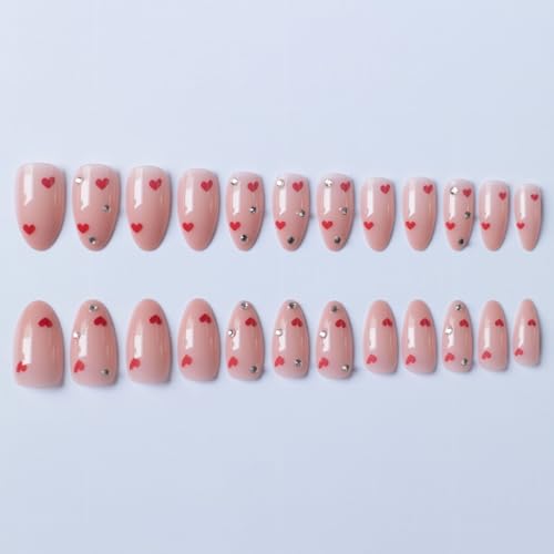 Image of Heart Press on Nails Nude Fake Nails with Design Reusable Glossy Full Cover Medium Almond Nail Press ons Rhinestone Glue on Nail for Women Manicure 24Pcs