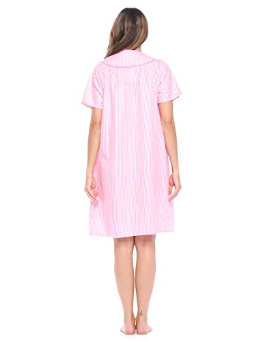 Casual Nights Women's Snap Front House Dress Short Sleeve Woven Duster Housecoat Lounger Robe, Striped Pink, Small #TOP3