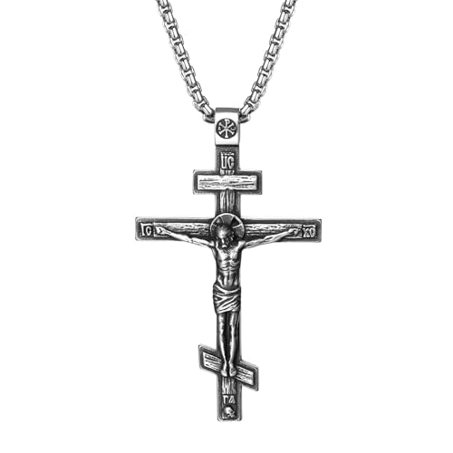 OIDEA Orthodox Cross Necklace: Mens Womens Retro Religious Jesus Orthodox Cross Pendant Stainless Steel Christian Prayer Jewelry Gift