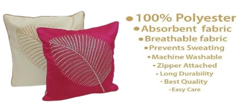 Image of Fab Nation Polyester Fabric Pink & White Combo Color Decorative Cushion Covers with Golden Zari Leaf Embroidered Set of 5 for Home Decor | Throw /Pillow Cover 16x16 inches for Bedroom Sofa