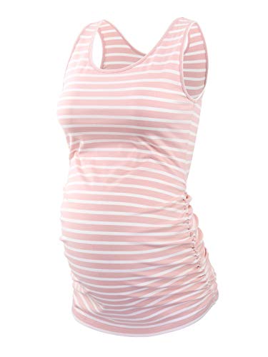 Ecavus 3Pcs Womens Layering Maternity Tank Top Pregnancy Shirt Scoop Neck Sleeveless Ruched Vest (L, Black/Pink Stripe/Floral53) #TOP5