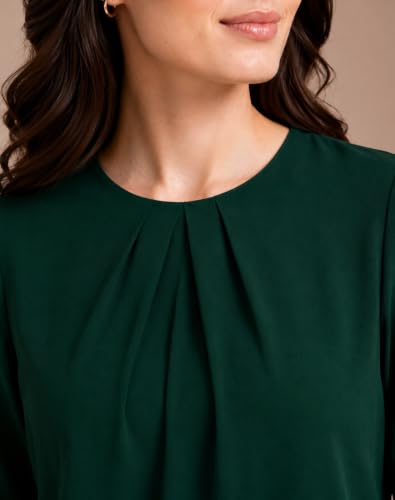 Image of Mirana Women's Full Sleeve Solid Top | Round Neck Pleated Front Regular Fit Office Casual Blouse with Button Cuffs
