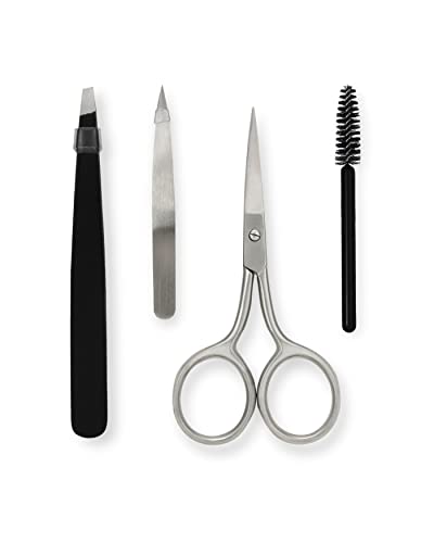 Image of Amazon Basics 4-Piece Eyebrow Grooming Kit with Scissors, Tweezers, Spoolie Brush for Shaping at Home, Black