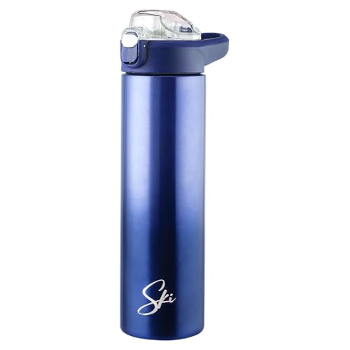 Image of SKi Homeware Stainless Steel Sipper Water Bottle with Push Button Flip-Top Cap, 750ml, for School, Office, Gym, Travel, Adults & Teens, Leakproof, Rust Free, Dual Colour Grey Gradient (Marco-Blue)