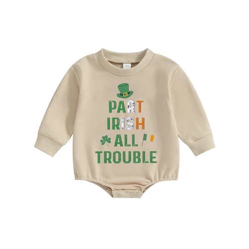 Newborn St Patricks Day Baby Girl Boy Outfit Letters Print Long Sleeve Romper Clover Onesie First St Patricks Day(A-Beige,0-3 Months)