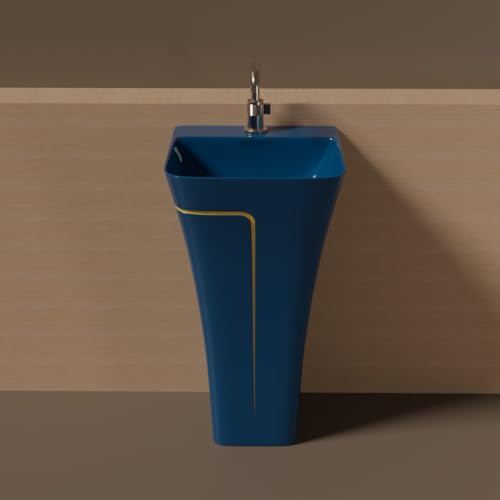 Image of Pedestal Wash Basin, Ceramic One Piece Wash Basin for Bathroom & Living Room, Modern Home Wash Basin with Glossy White Finish (L15XW15.8XH35 Inch) (Royal Blue + Yellow Line)