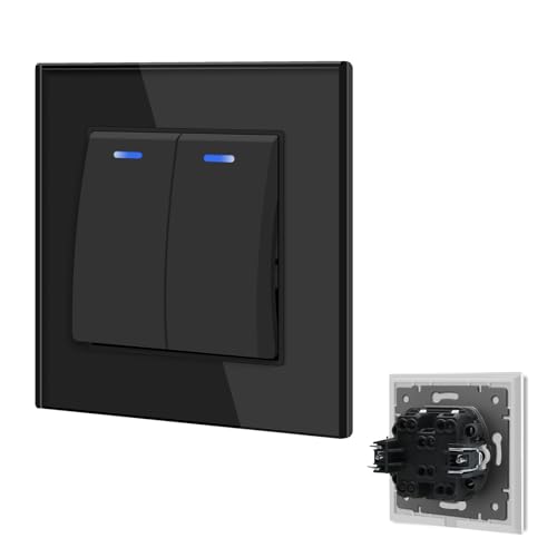 BSEED Interrupteur Va et Vient avec voyant LED,Interrupteur encastrable avec des Griffes,10A 2 Gang 2 Voie Interrupteur à bascule,Interrupteur Mural encastré pour salon, bureau, cuisine-Noir