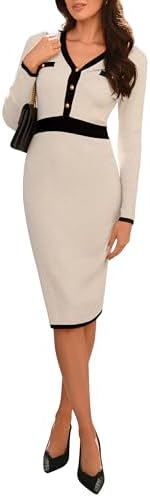 GRACE KARIN Damen Strickkleid Mit V-Ausschnitt Langarm Pulloverkleid In Kontrastfarbe Für Herbst Winter