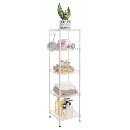 SONGMICS Scaffale da Bagno, Portaoggetti in Metallo, Max Portata 100 kg, 5 Pannelli in PP, Ganci Rimovibili, 30 x 30 x 123,5 cm, Espandibile, per Spazio Stretto, Bianco e Trasparente LGR023W01