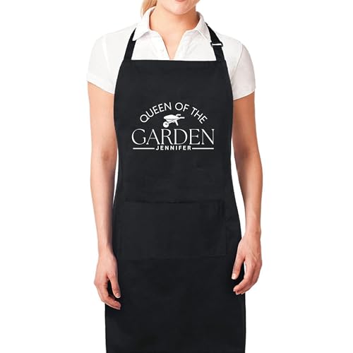 Image of Be Buz Queen of the Garden Custom Apron - Personalized Gardening Apron with Adjustable Straps and Two Pockets Gift for Her Washable Aprons for womens Mom Apron Mother Day Gift Black Apron