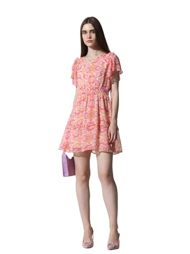 Image of ONLY Women Floral Printed Flared Sleeves Smocked Ruffled Fit & Flare Dress|Western Above The Knee Dress