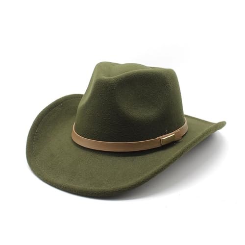 LIDHAY Women Men Classic Felt Wide Brim Western Cowboy Cowgirl Hat with Belt Buckle JZ-035 Army Green