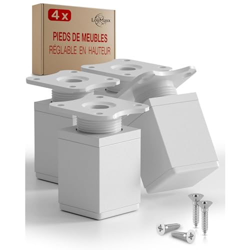 LouMaxx Pied de Meuble Réglable – Lot de 4 Pieds de Meuble 40x40x60mm Blancs avec Plaque de Fixation – Pieds pour Meuble en Aluminium