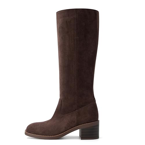 Image of DOEYG Women's Banana Knee High Boots Square Toe Chunky Block Heel Tall Boots Wide Calf Fashion Comfortable Casual Pull on Long Boots