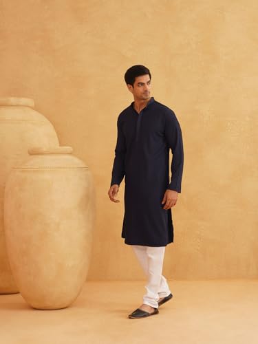 Sojanya (Since 1958 Men's Cotton Embroidered Thread Work Navy Kurta With White Churidar Pyjama