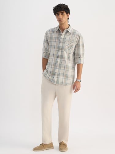 Image of The Souled Store: Blue Sails Men and Boys Long Sleeve Collared Neck Button Front Blue and Cream Checked Embroidered Regular Fit Cotton Linen Shirt