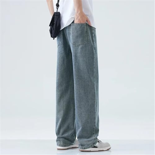 Hndudnff Men Elastic Waist Jeans Solid Color Straight Drawstring Denim Trousers Casual Wide Pants2