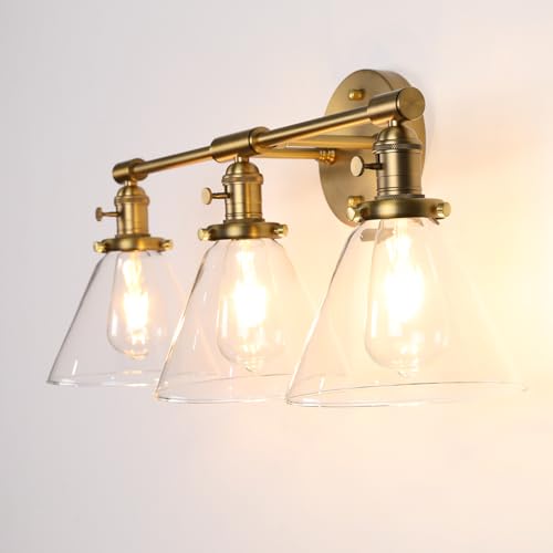 Image of PERMO Vintage Industrial Antique Three-Light Wall Sconces with Funnel Flared Clear Glass Shade (Antique)