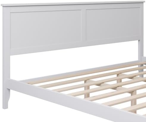 Miniatura 10 de Majnesvon Cama de plataforma de tamaño matrimonial con cabecera y estribo, cama de plataforma de madera maciza blanca de estilo conciso tradicional