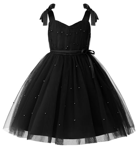 Uhnice Flower Girls Pearl Dress Toddler Tulle Dresses with Bow Shoulder Straps for Wedding Party