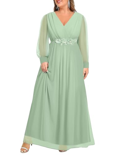 Image of Pinup Fashion Women Plus Size Formal Dresses - Long Sleeve Evening Gown Applique Chiffon Maxi Dress