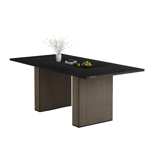 Image of QHITTY 78 Inch Fluted Dining Table Wood Kitchen for 6 to 10, Farmhouse Long Rectangle Table with Strip Base for Dining Room, Kitchen, Black