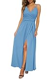 Newshows Women's 2025 Summer Maxi Dress Spaghetti Strap Spring Casual Boho V Neck Split Beach Long Flowy Wedding Guest Dresses Semi Formal Fashion Trendy(Sky Blue,M)