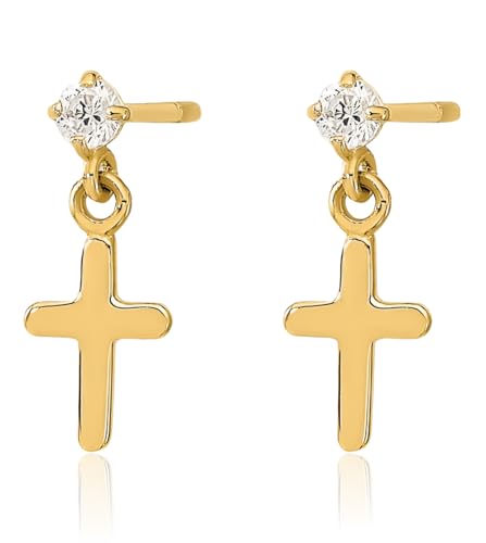 14K Solid Yellow Gold Cubic Zirconia CZ Holy Cross Post Drop Dangle Christian Religious Earrings3