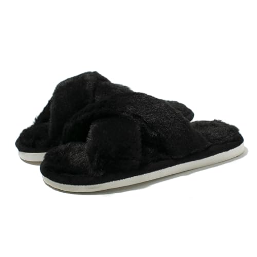 Fuzzy House Slippers for Women Furry Memory Foam Women's Cross Band Slippers Cozy Fluffy Open Toe Slippers Soft Plush Shoes for Indoor Outdoor