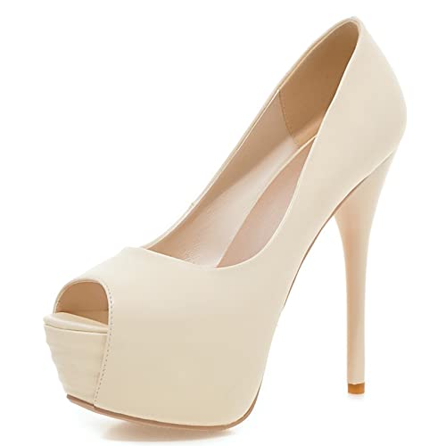 Lizoleor Mujer Fiesta Peep Toe Vestido Elegante Tacón De Aguja Plataforma Pump Boda Tacón Alto Bride Sin Cordones Prom Zapatos Beige Talla 32 EU