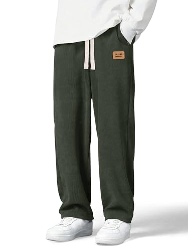 Mens Corduroy Pants Drawstring Elastic Waist Casual Pants Straight Baggy Sweatpants with Pockets