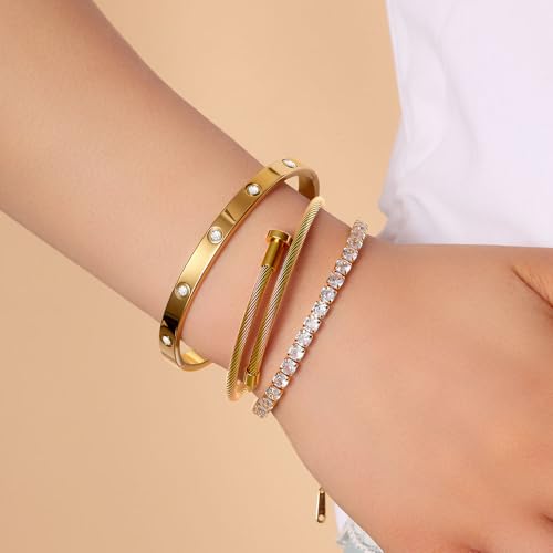 JUNVirtuous 3-Pack Gold Bracelets for Women,18K Gold Plated Bangle Tennis Bracelets Stack Set for Women Trendy Non Tarnish Stainless Steel Gold Bangles Accessories Designer Jewelry Pulseras Para Mujer3