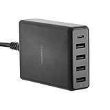 AmazonBasics 5-Port Wall Charger (60W) with 4 USB-A Ports and 1 USB-C Port with 30W Power Delivery - Black
