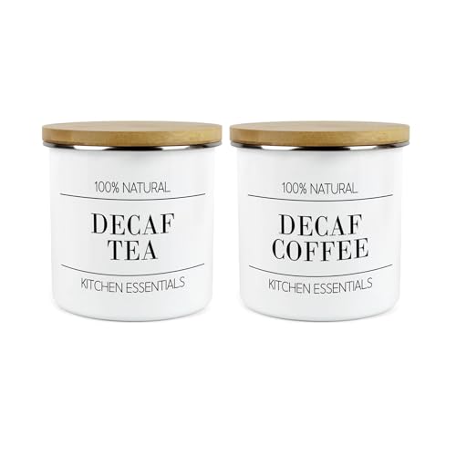 Purely Home Minimalist Kitchen Essentials Decaf Tea & Decaf Coffee Storage Canisters Set - Contemporary Black & White Decor - Enamel Hot Drinks Storage Containers