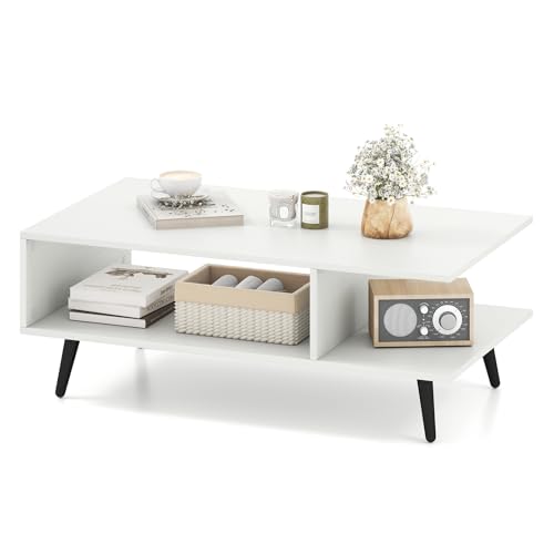 Multigot Coffee Table, 2-Tier Rectangle Cocktail Center Table with Open Shelf, Mid Century Modern Accent Snack Tea Tables for Living Room Bedroom Office (White)