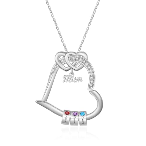 Amsgedhie Collier Personnalisé Prénom pour Femme, Collier Cœur Gravé Pendentif avec Pierre de Naissance pour Maman, Mamie, Cadeau Noël, Fête des Mères...