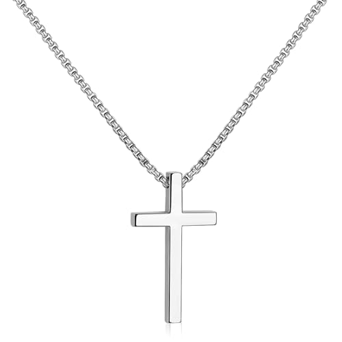 SanThree 3mm Pure Titanium Cross Necklace for Men Women Square Box Rolo Chain, Skin Friendly Solid Round Link Rolo Chain for Birthday Valentines Graduation Gifts，21.65