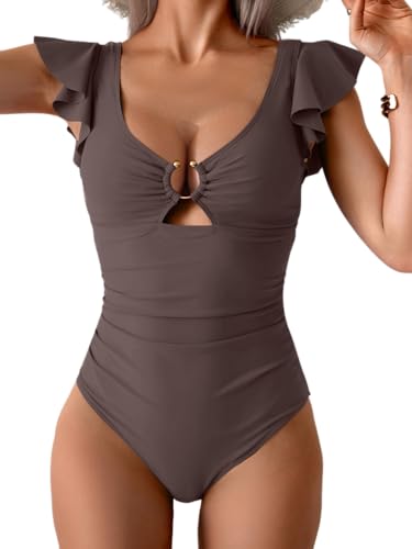 Image of Eomenie Womens Ruffled One Piece Swimsuit Slimming Tummy Control Bathing Suit V-Neck Cutout Swimwear for Resort Wear