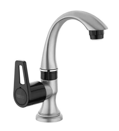Image of MONIT Swan Neck Basin Tap - Metallic Grey & Black Dual Tone, Modern Single Handle Pillar Cock for Wash Basin - Includes Teflon Tape