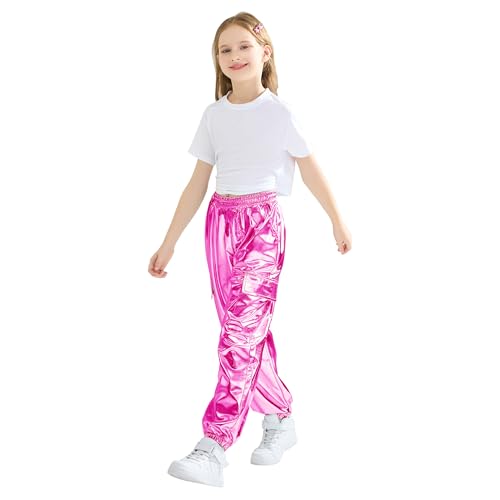 Image of Rolanko Girls Shiny Metallic Cargo Pants, Sparkle Jogger Pants for Girls Hip Hop Dance Streetwear Cargo Trousers 6-15 Years