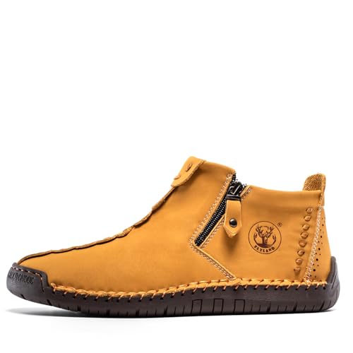 FLYLAND Men's Casual Leather Handmade Fashion Sneakers Ankle Chukka Boots Lightweight Mid-top Dress Shoes Walking Driving Shoe2