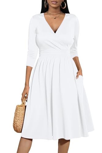Nmoder Wrap Dress Cocktail Casual Dresses for Women Wedding Guest Fit and Flare V Neck 3/4 Sleeve Midi Dress with Pockets
