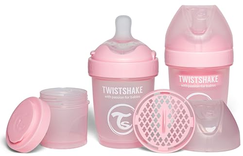Imagen de Twistshake 2x Pro Double Biberón Anticólicos con Recipiente para Leche en Polvo 180 ml Pezón de Silicona de Flujo Lento con Forma de Seno Sin BPA Adecuado para Bebés Recién Nacidos Rosa